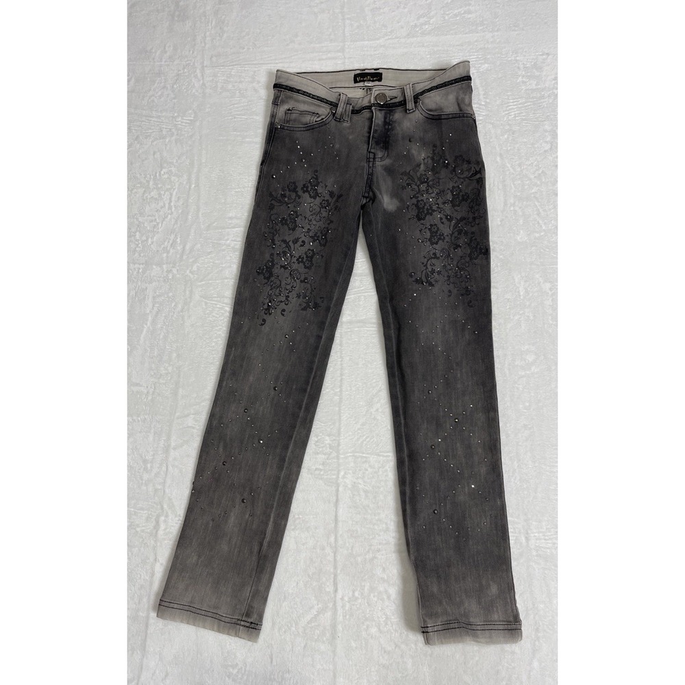 Hannah Banana Sequined Floral Acid Wash Black/Gray Jeans Straight Girls Size 12
